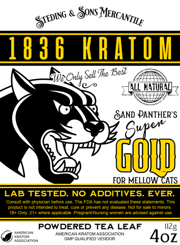 1836 Kratom Sand Panther's Super Gold Powder Label