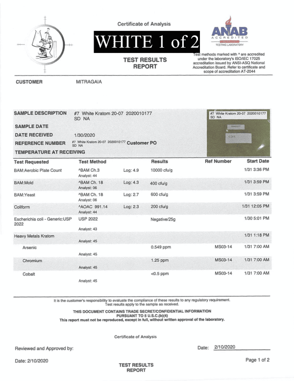 White MaengDa Kratom Capsules Mitra Lab Tests White 1 of 2 Wholeearthgifts.com