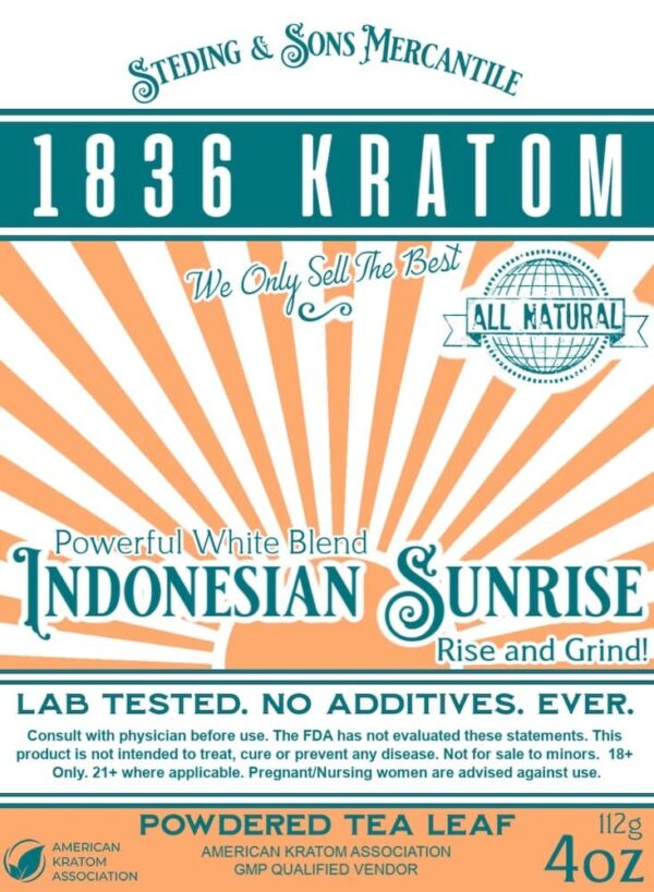 Indonesian Sunrise Powder, Whole Earth Gifts 1836 Kratom Indonesian Sunrise Powder Label