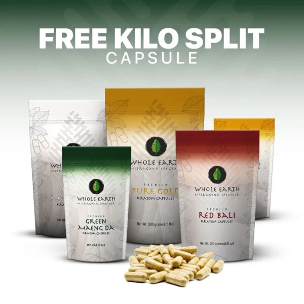Whole Earth kratom capsule packages in all four colors, under the heading Free Kilo Split, Capsule