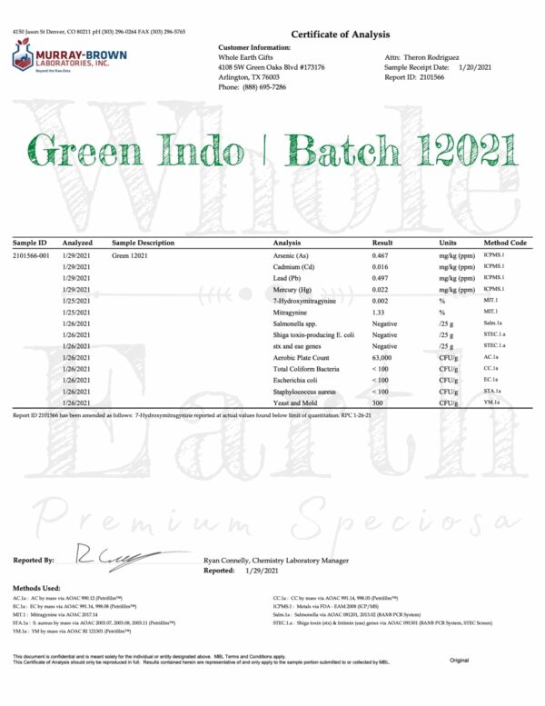 Whole Earth Green Indo Lab Test Batch 12021