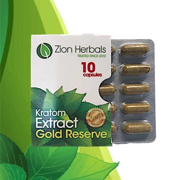 Zion Herbals Gold Reserve Kratom Extract Capsules 10 ct. Front Whole Earth Gifts