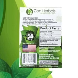 Zion Herbals Lucky 80 Kratom Extract Tablets 10 pack (back)