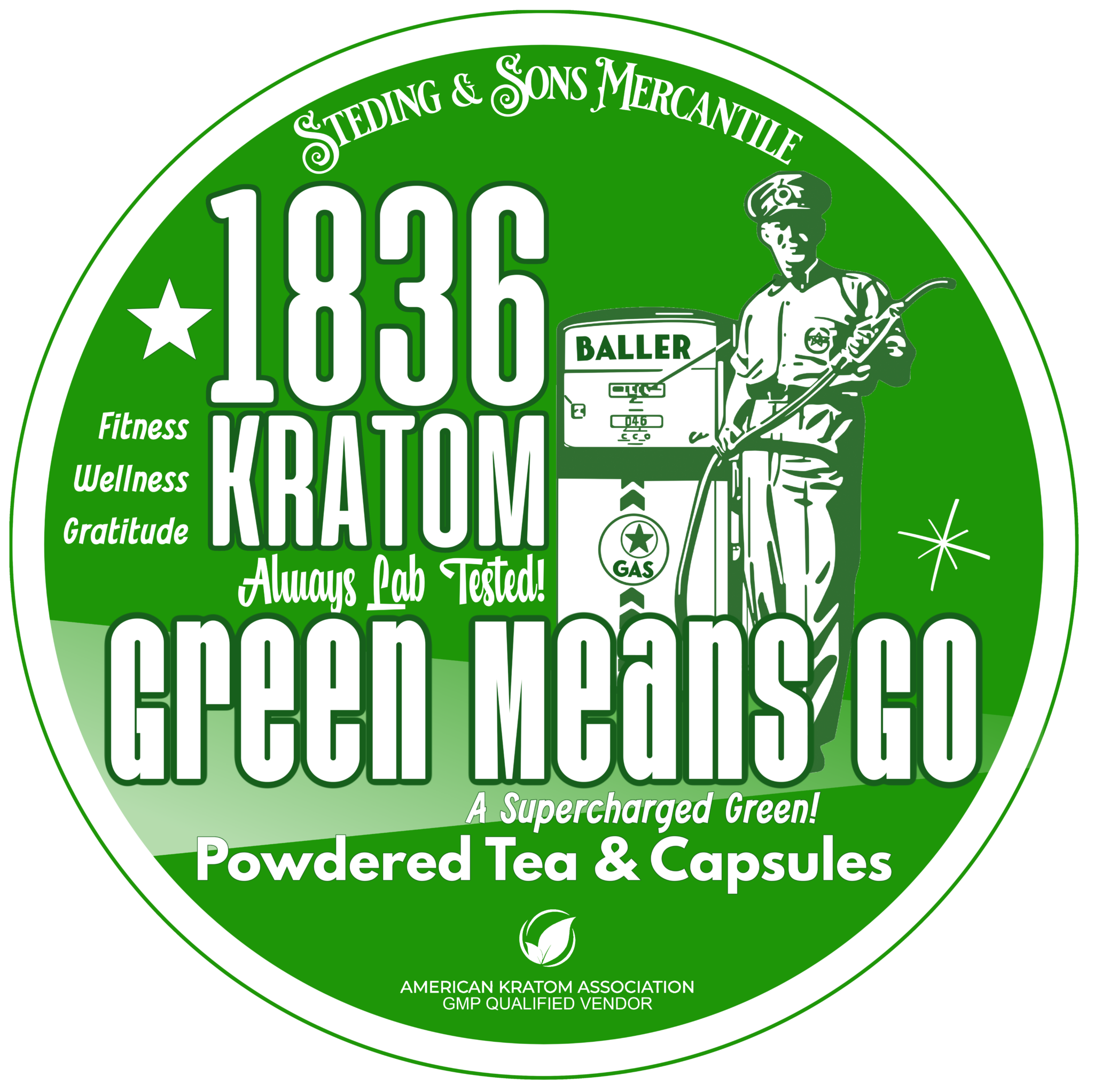 1836 Kratom- Green  Means Go 20 Jumbo Capsules