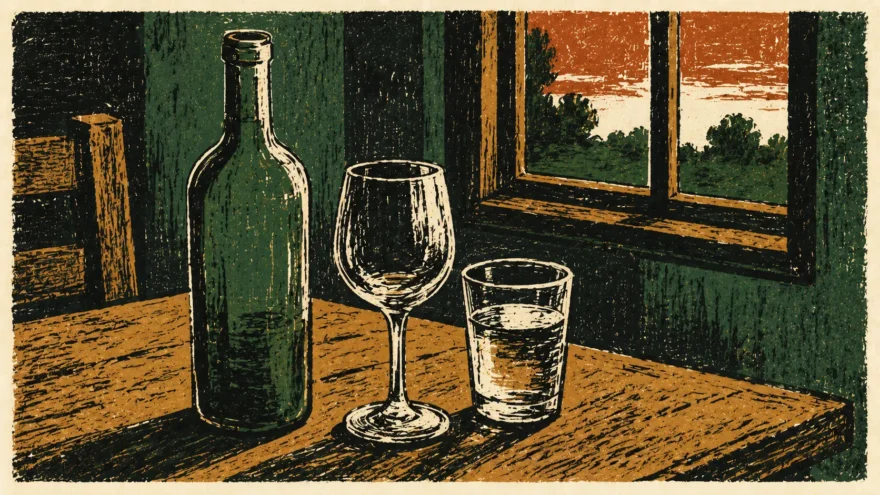 A woodblock print of a wine bottle, wine glass and water glass on a dim table.