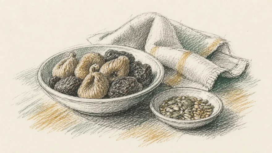 A pencil sketch of a bowl of dried figs and prunes beside a small dish of seeds.