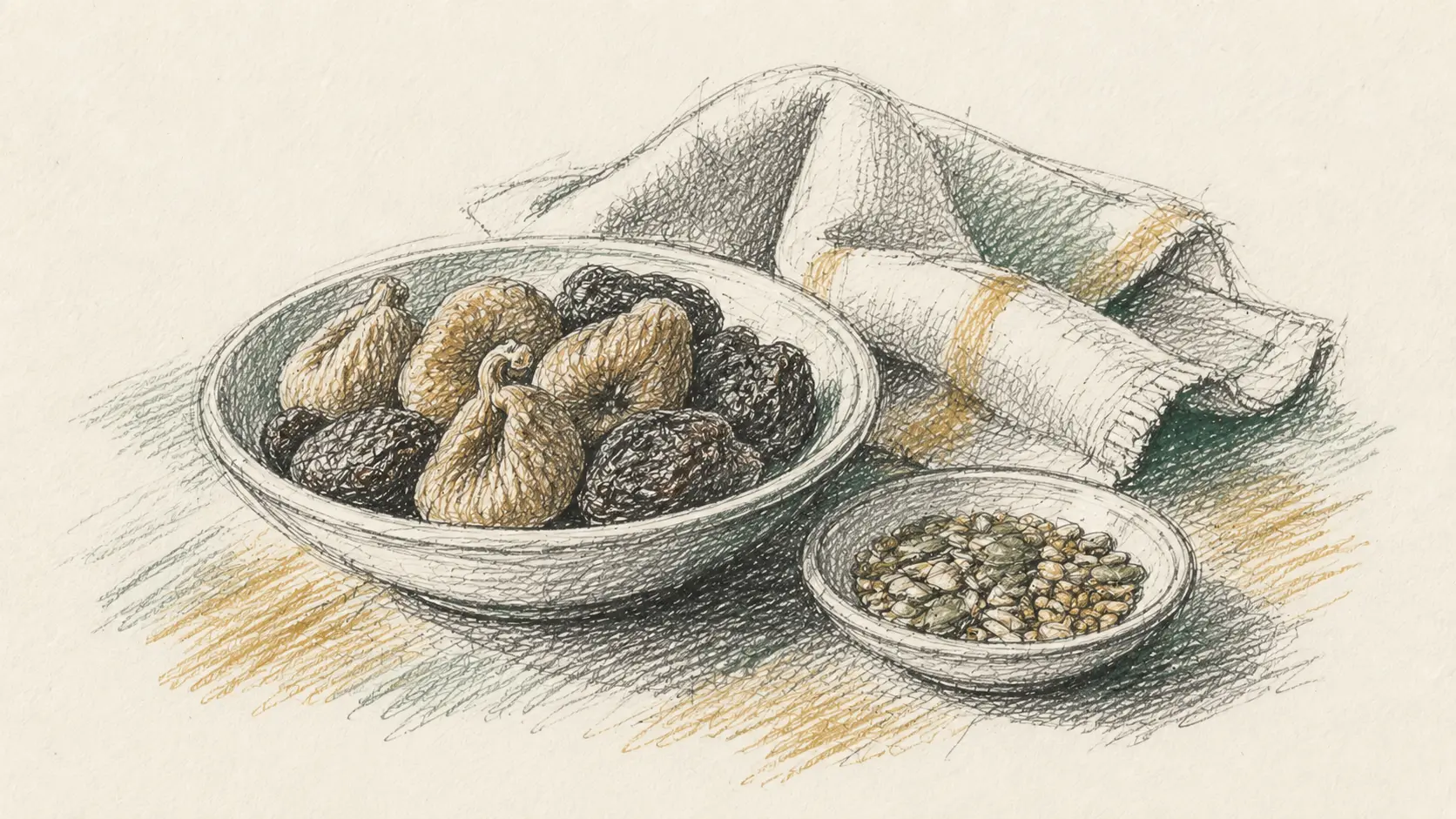 A pencil sketch of a bowl of dried figs and prunes beside a small dish of seeds.