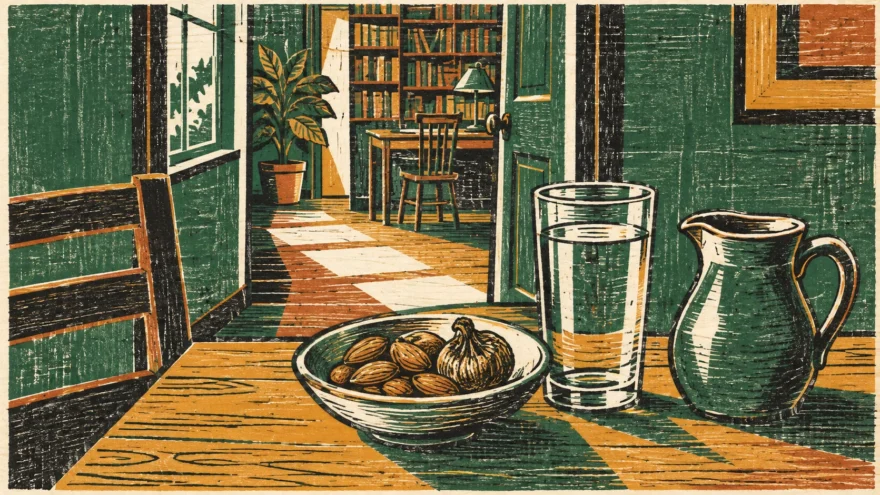 A woodblock print of a glass of water and a pitcher on a table, with a room beyond.