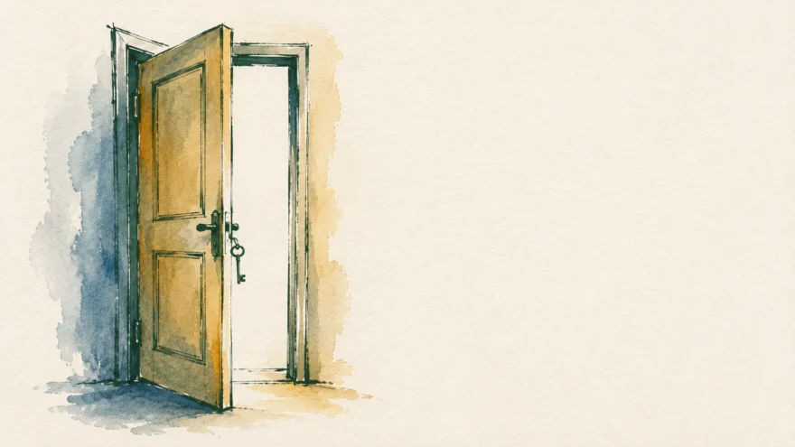 An ink and watercolor drawing of a door standing ajar with a key in the lock.
