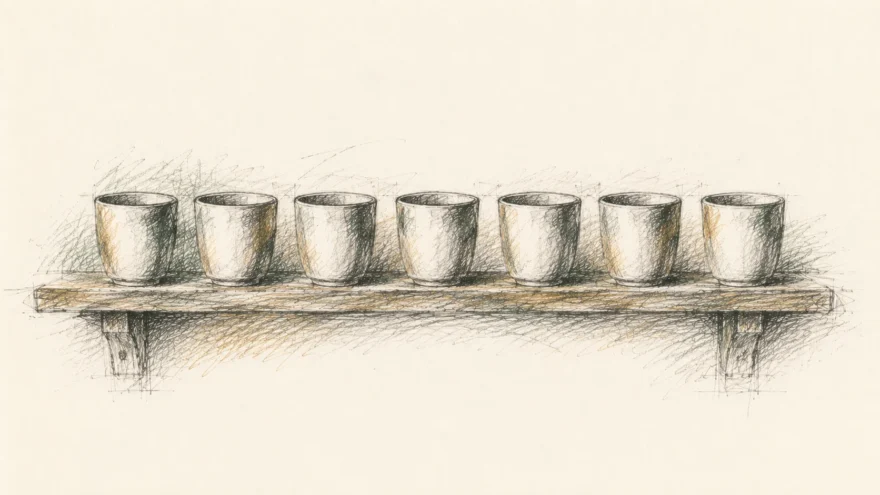 A pencil sketch of seven identical cups in a row along a shelf.