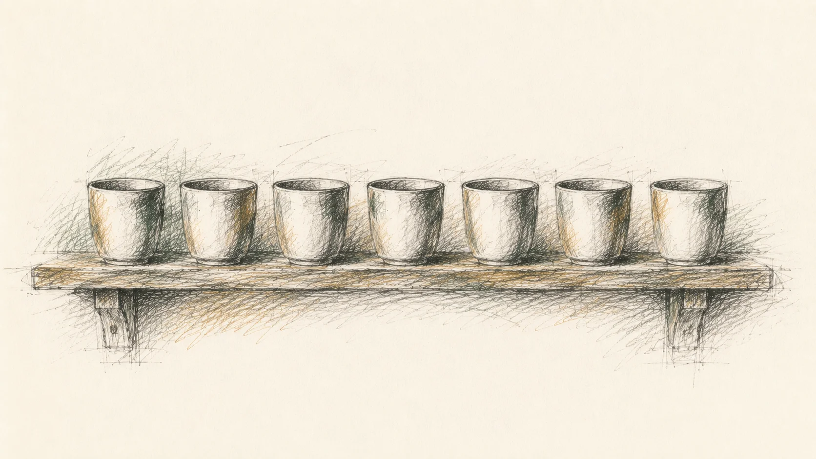A pencil sketch of seven identical cups in a row along a shelf.