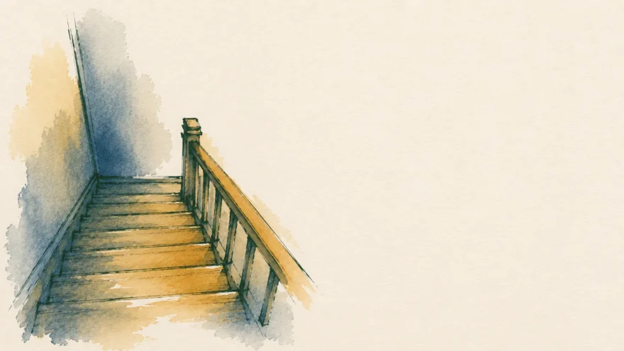 An ink and watercolor drawing of a wooden staircase descending out of frame.