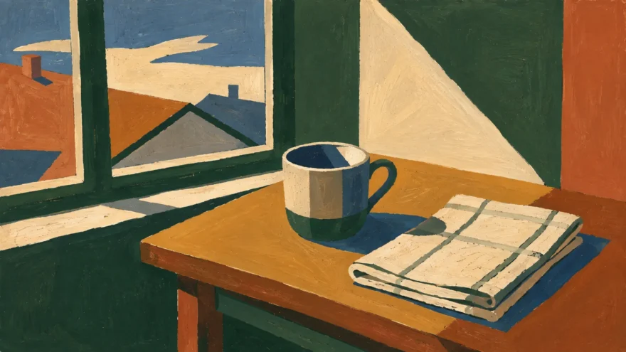 A gouache painting of a morning table by a window with a single cup and folded cloth.