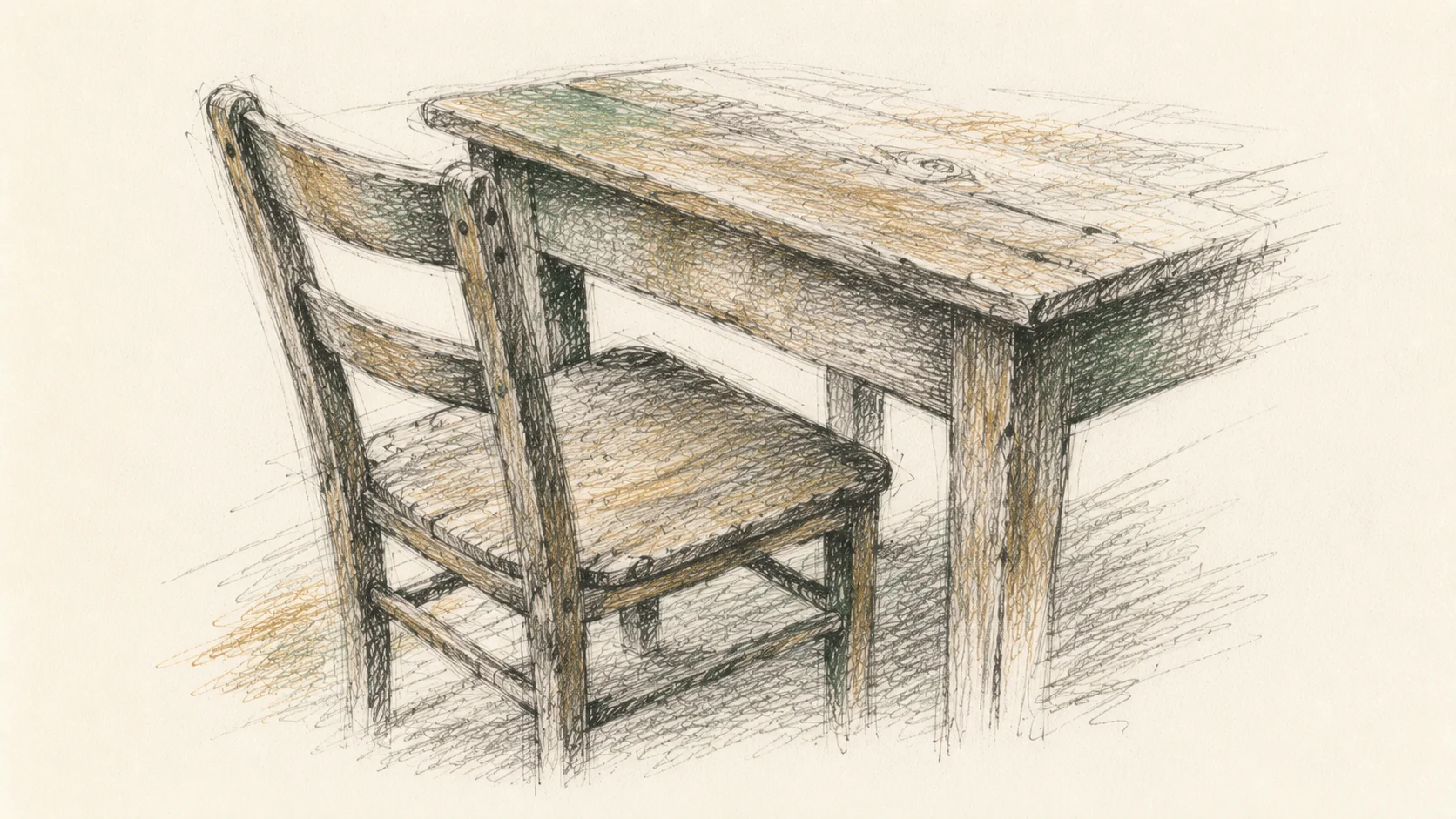 A pencil sketch of a worn wooden chair and table showing age in the grain.