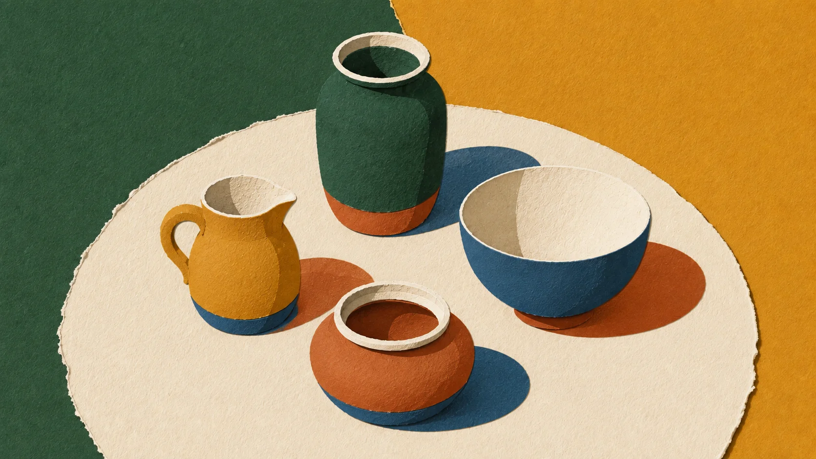 A cut-paper collage of four ceramic vessels arranged in a circle.
