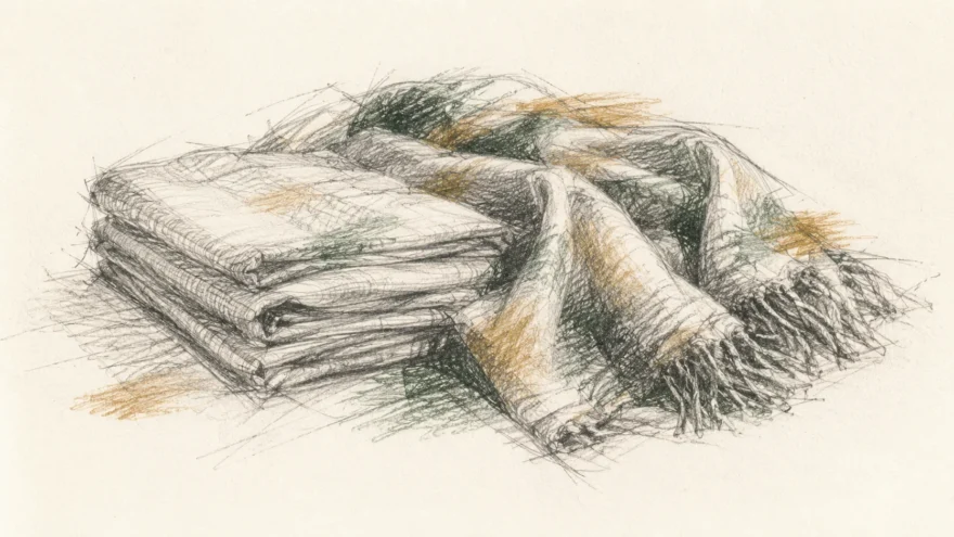 A pencil sketch of folded linen and a wool blanket.