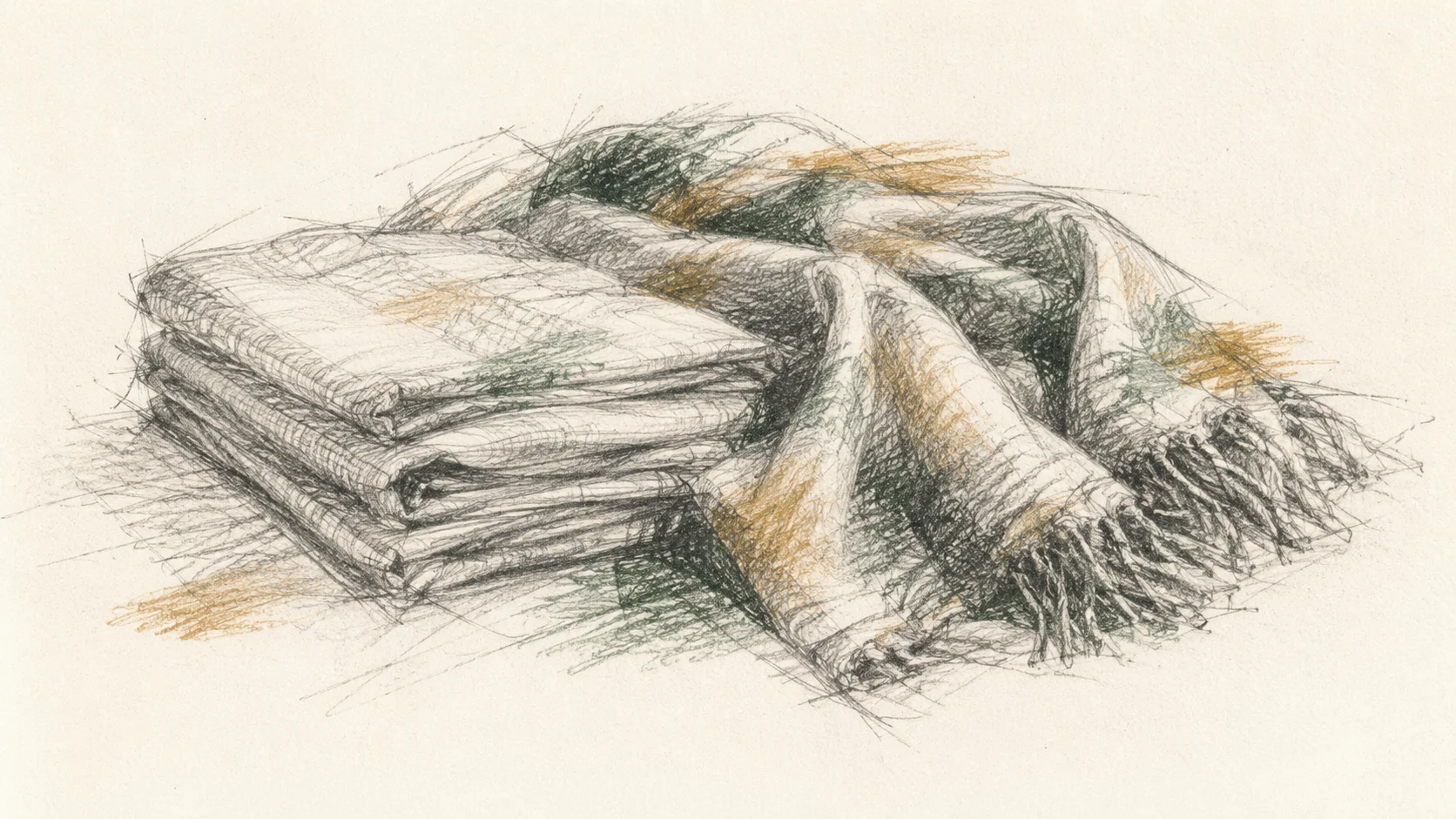 A pencil sketch of folded linen and a wool blanket.