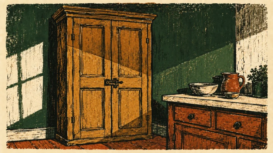 A woodblock print of a tall latched kitchen cupboard with a high shelf.
