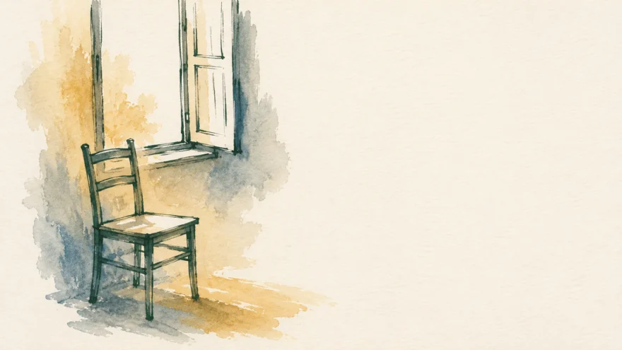 An ink and watercolor drawing of an empty wooden chair beside an open window.