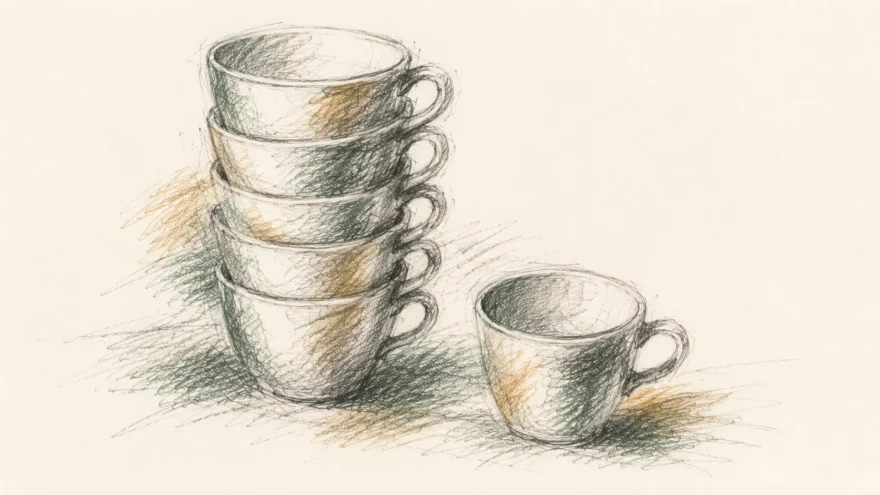A pencil sketch of a stack of cups with one lifted off and set apart.