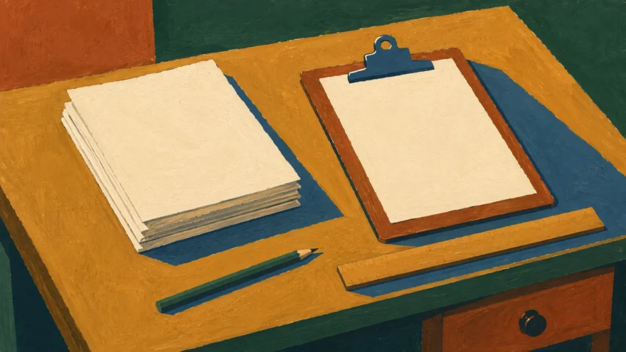 A gouache painting of a desk with stacked blank paper, a pencil, a clipboard and a ruler.