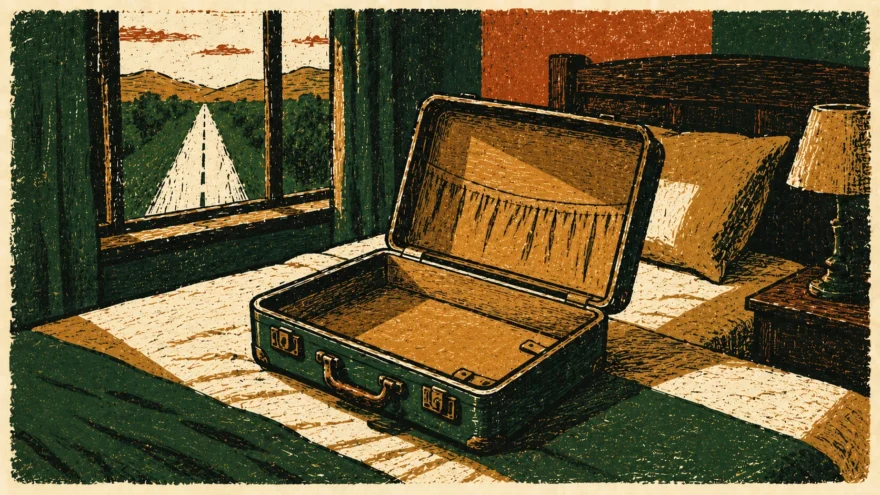 A woodblock print of an open suitcase on a bed with a road visible through the window.