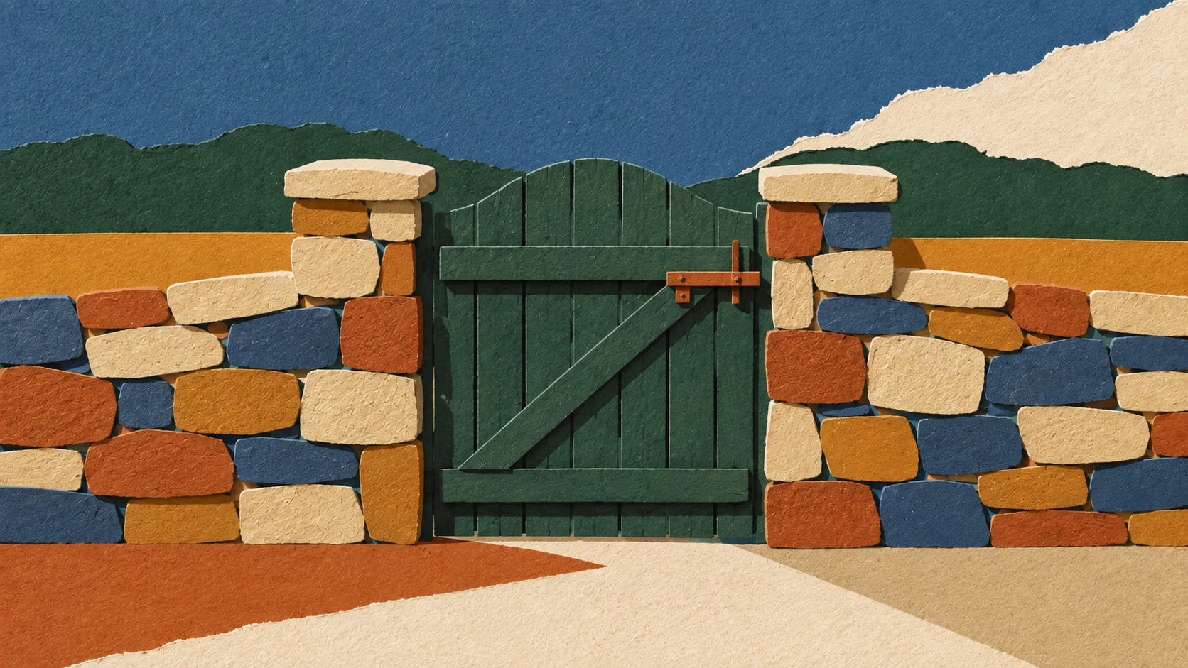 A cut-paper collage of a closed wooden gate set in a low wall.