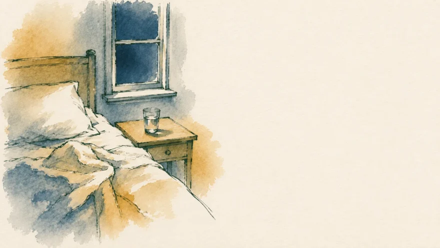 An ink and watercolor drawing of a bedside table and a glass of water beside rumpled bedding.