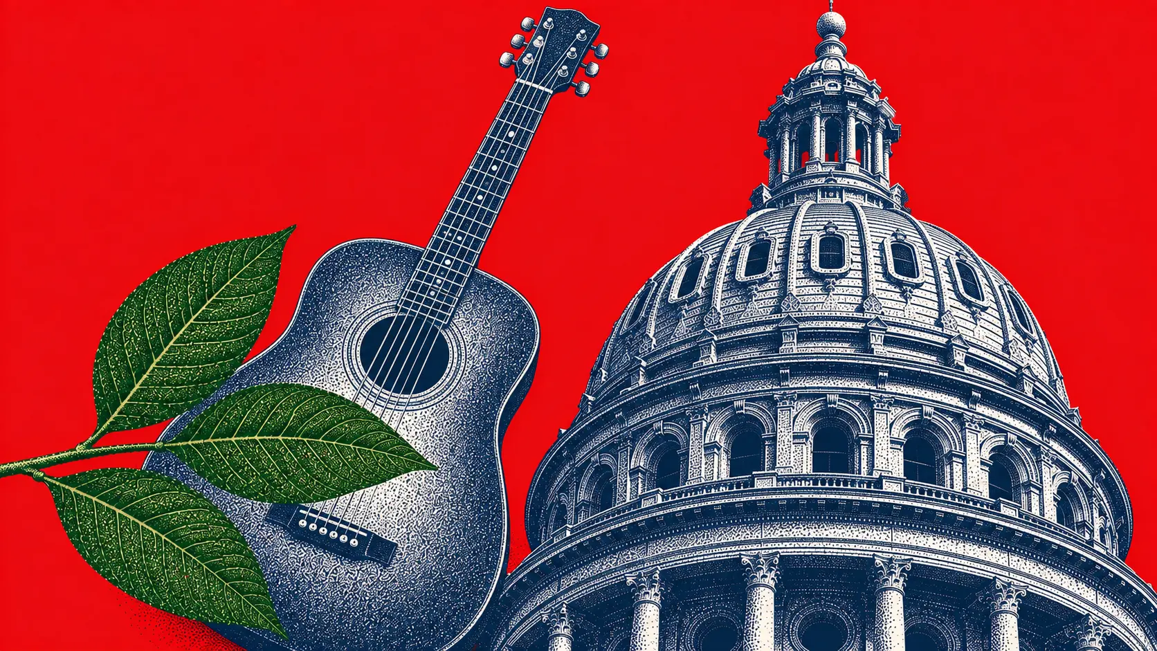 A stipple engraving of an acoustic guitar leaning beside the dome of the Texas State Capitol, with a kratom branch of three leaves lying across the guitar's body, over a flat red field.