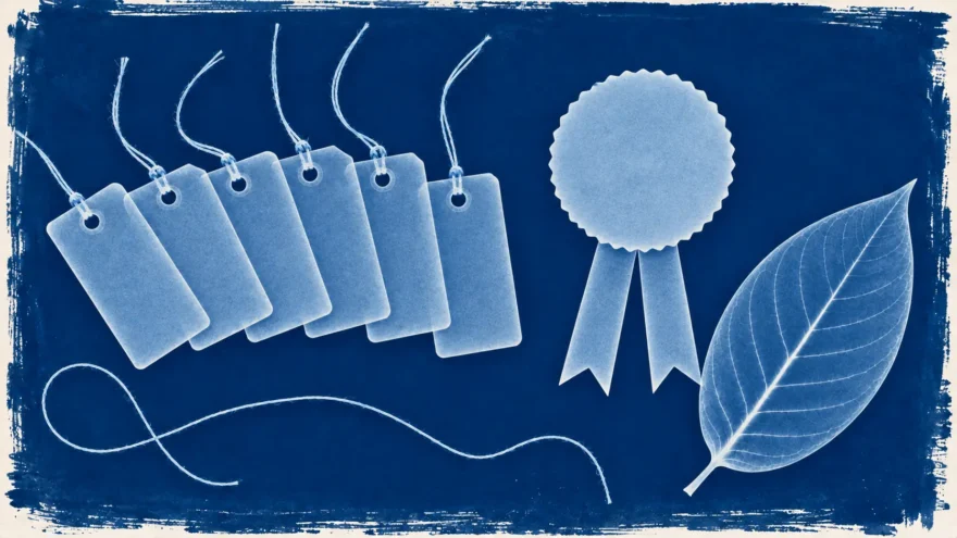 A cyanotype photogram of six strung paper tags overlapping in a row, a scalloped award rosette with two ribbon tails, a loose length of string and a kratom leaf in white silhouette on deep blue.