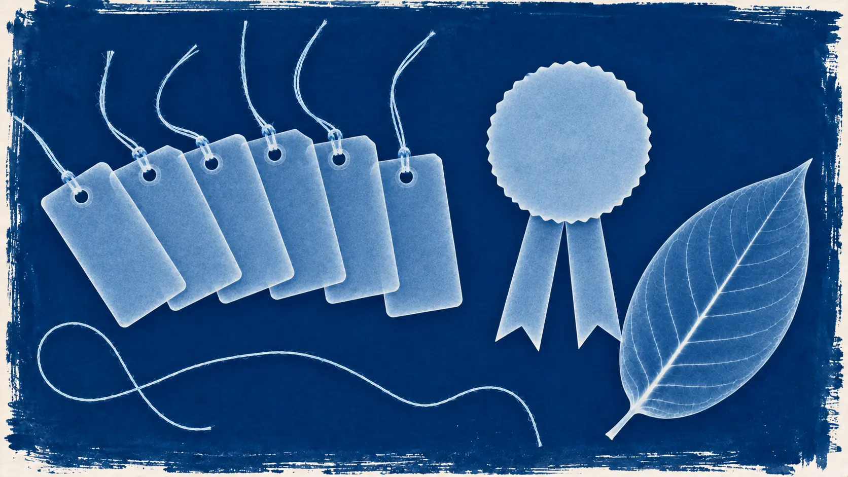 A cyanotype photogram of six strung paper tags overlapping in a row, a scalloped award rosette with two ribbon tails, a loose length of string and a kratom leaf in white silhouette on deep blue.