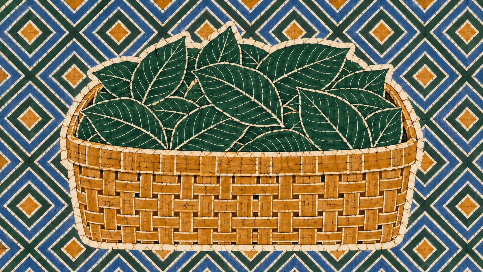 A wax resist batik of a woven basket heaped with loose kratom leaves, held inside a white resist halo against a repeat of nested diamonds in blue and green.