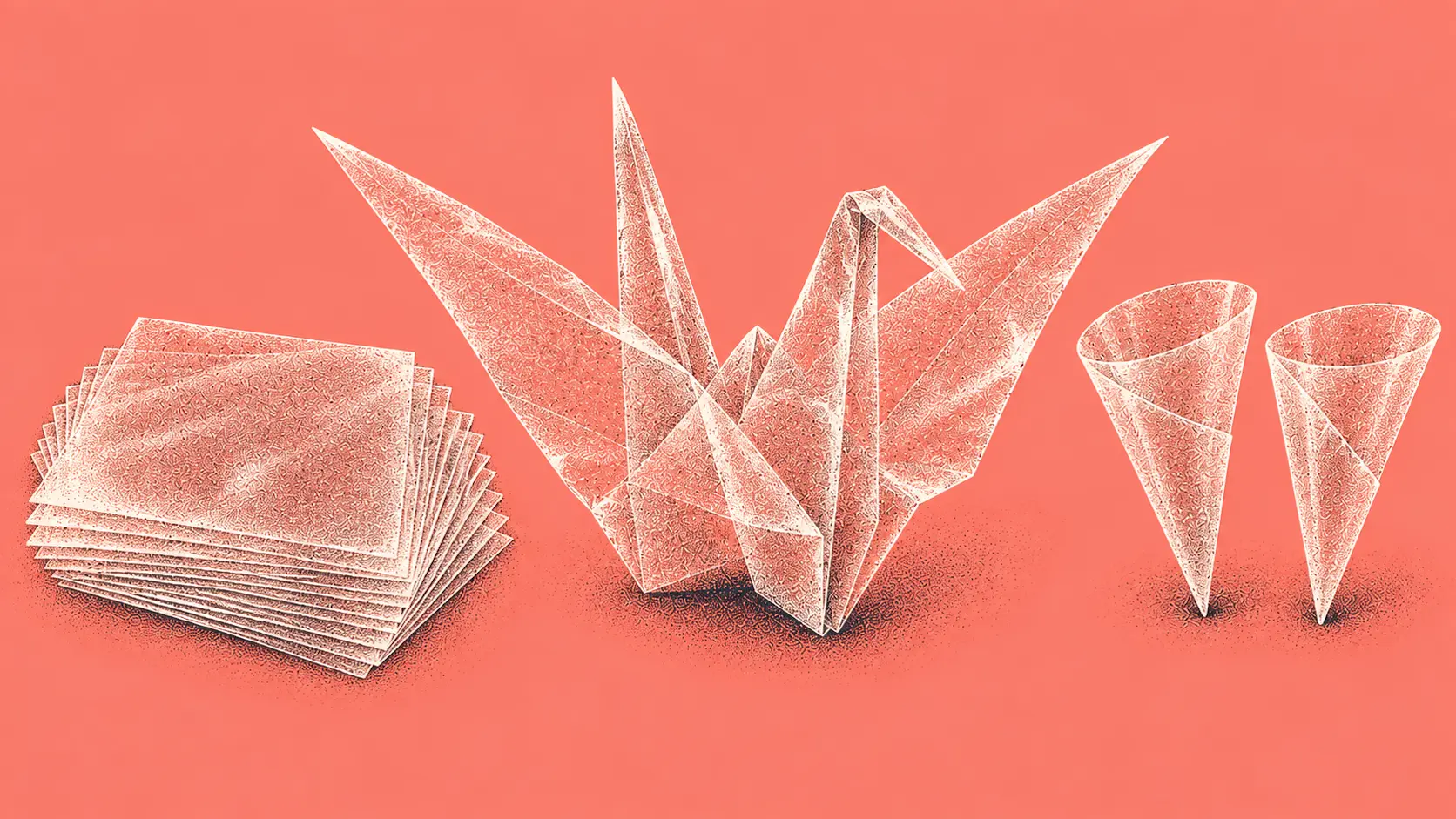 A stipple engraving of an origami crane folded from clear edible film, between a fanned stack of clear square film sheets and two empty cone-shaped film pouches standing on their points, over a flat coral field.