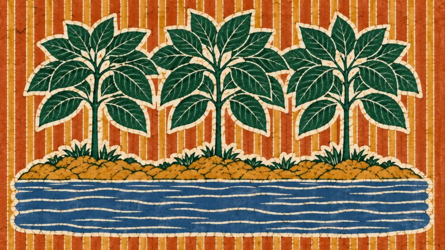 A wax resist batik of three kratom trees on a riverbank above a wide blue river, held inside a white resist halo against vertical stripes of orange and ochre.