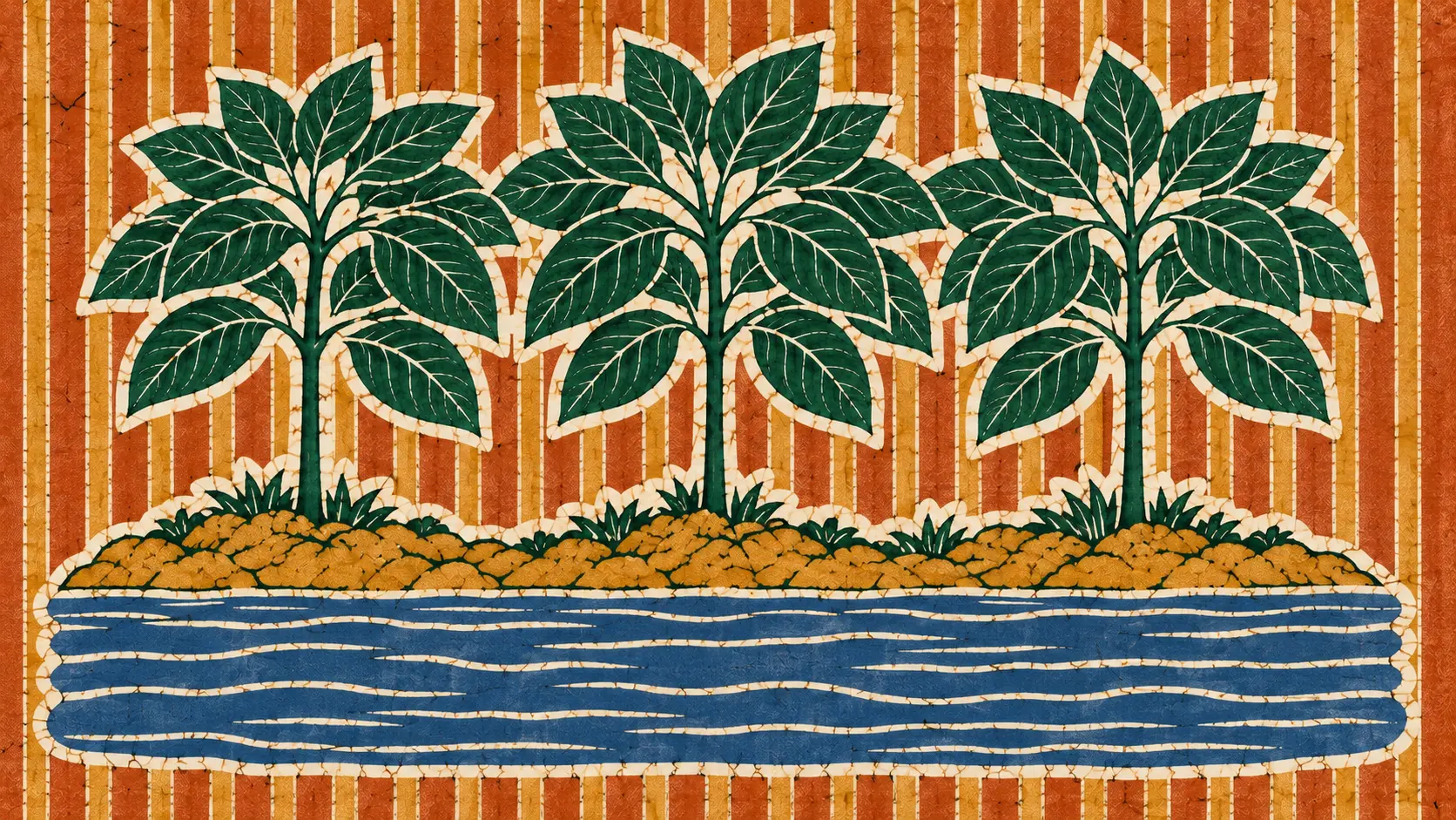 A wax resist batik of three kratom trees on a riverbank above a wide blue river, held inside a white resist halo against vertical stripes of orange and ochre.