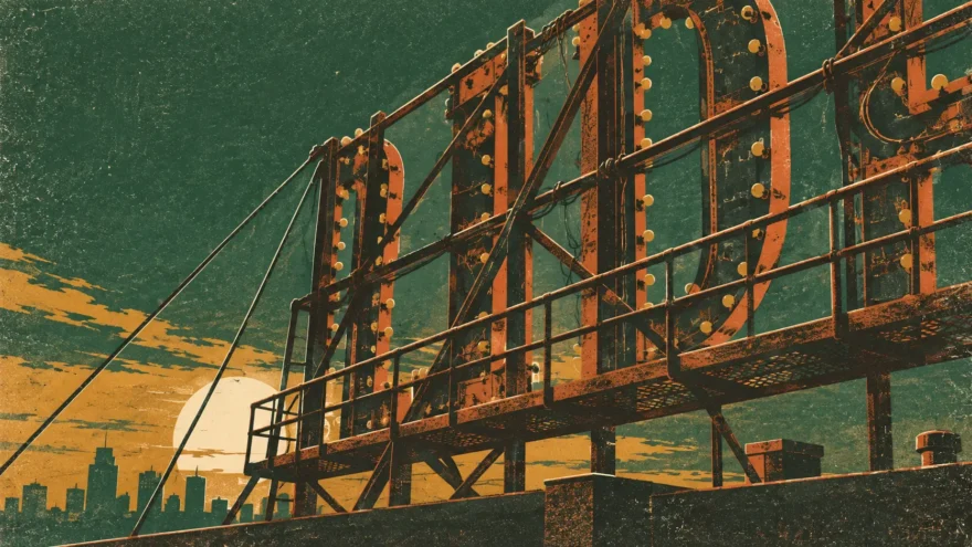 A four-color letterpress poster of the back of a rooftop advertising sign, showing the bare steel framework, bulb sockets and catwalk behind unreadable reversed letters at sunset.