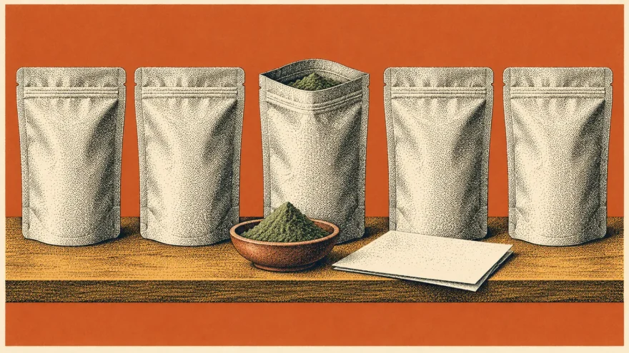 A stipple engraving of five identical blank pouches in a row, the third open with a heap of powder in a shallow dish and a folded blank sheet beside it, over a flat spot color field.