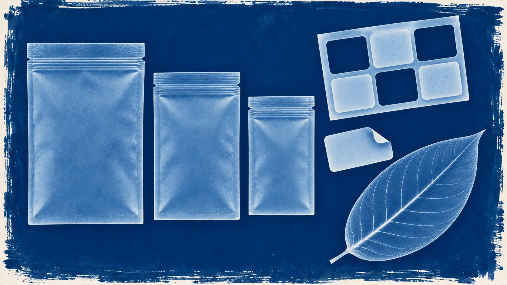 A cyanotype photogram of three sealed pouches, a label backing sheet with three labels peeled away, a curled label and a kratom leaf in white silhouette on deep blue.