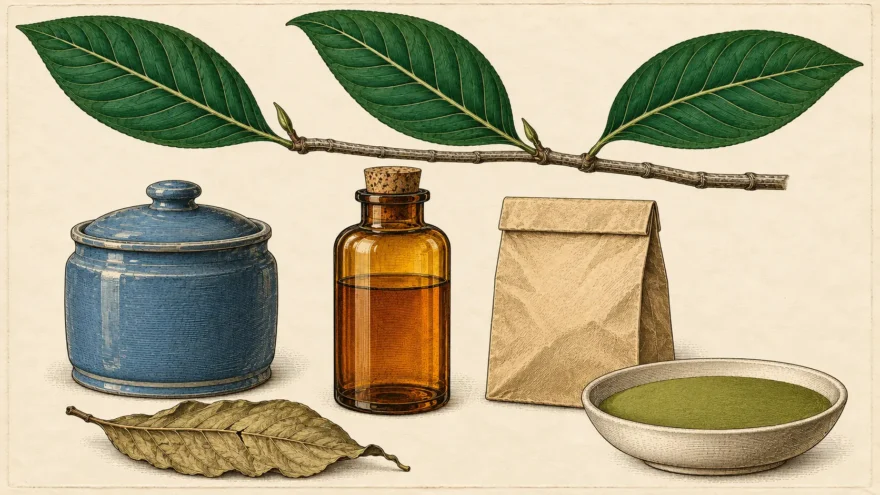 A hand colored engraving of a kratom branch with three green leaves above a lidded blue crock, a corked amber bottle, a folded paper packet, a shallow dish of fine green powder, and one dried brown leaf lying flat beside them.