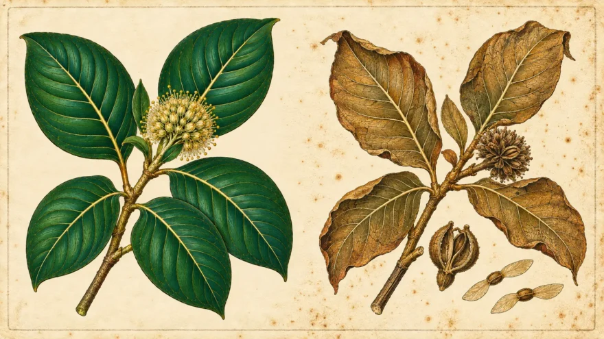 A hand colored engraving showing one kratom branch twice, living and green with a globular flower head on the left, dried and brown on the right with a split seed capsule and two winged seeds fallen beside it.