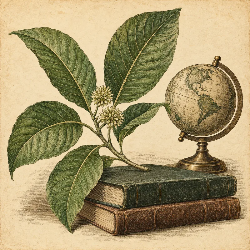 A naturalist illustration of a kratom leaf sprig, an antique globe, and books