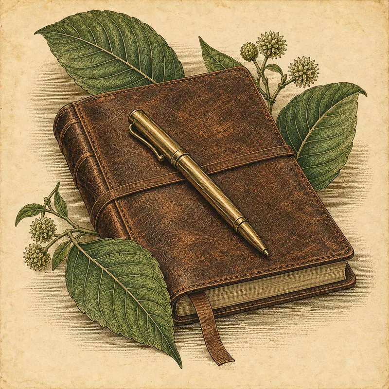 A naturalist illustration of a leather planner with a pen and leaf sprigs