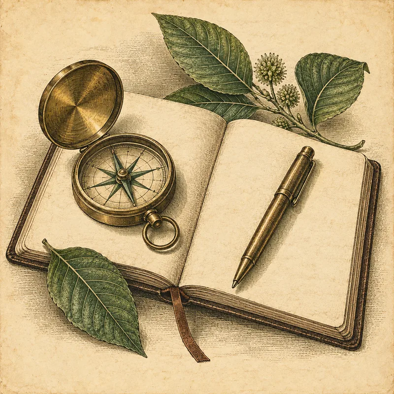 A naturalist illustration of a brass compass resting on an open journal