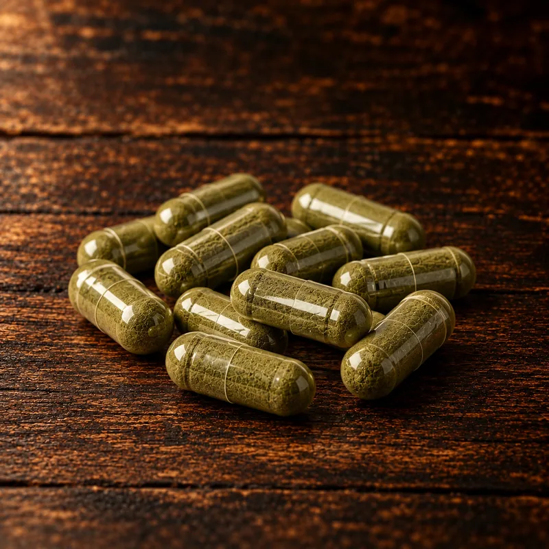 Loose capsules filled with green kratom powder on dark wood