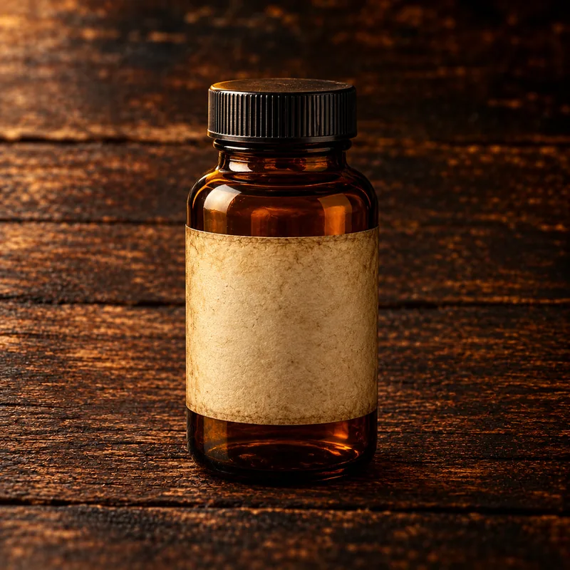 A small amber glass bottle with a blank label on dark wood