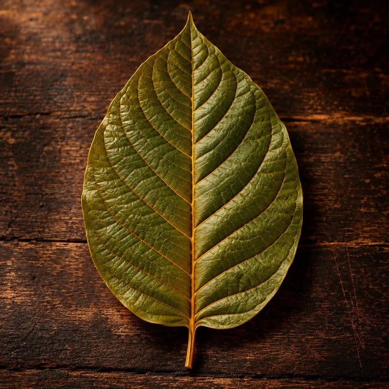 A kratom leaf with a warm amber tone and golden central vein