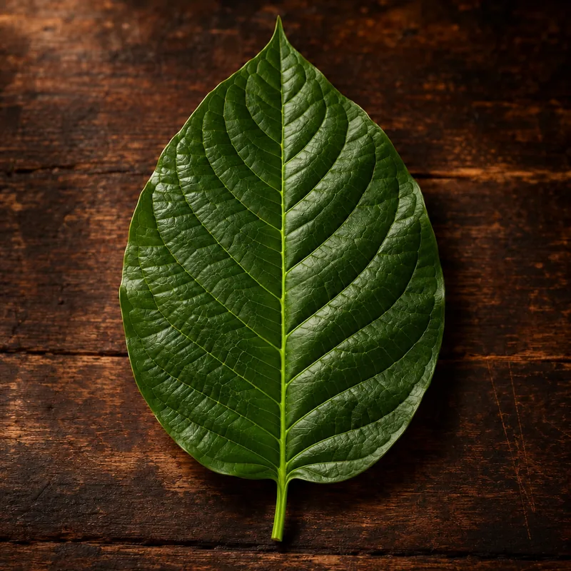 A kratom leaf with a bright green central vein and stem