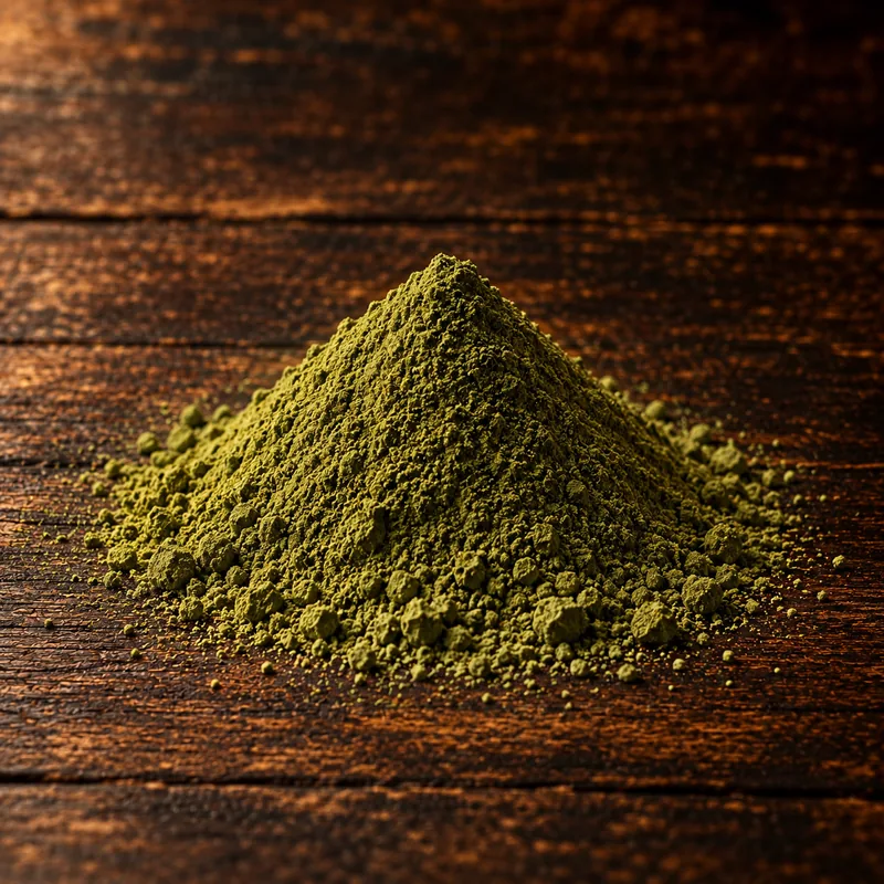 A mound of finely milled green kratom powder on dark wood