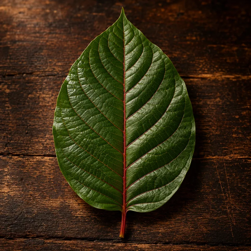 A kratom leaf with a deep red central vein and stem