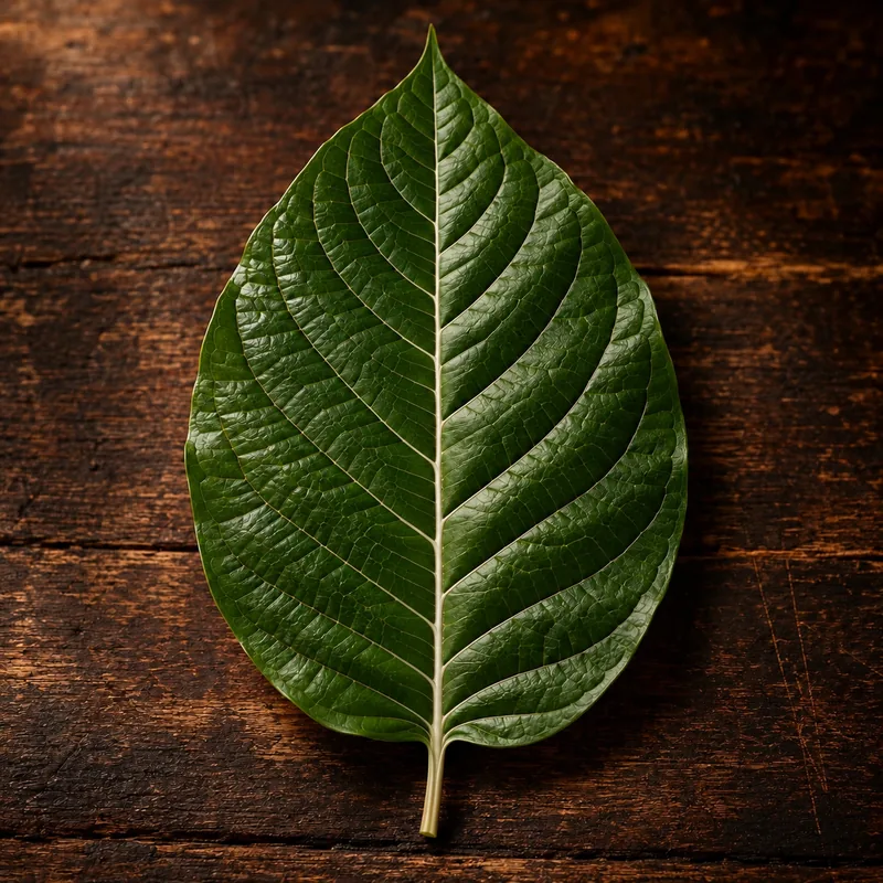 A kratom leaf with a pale silver central vein and stem